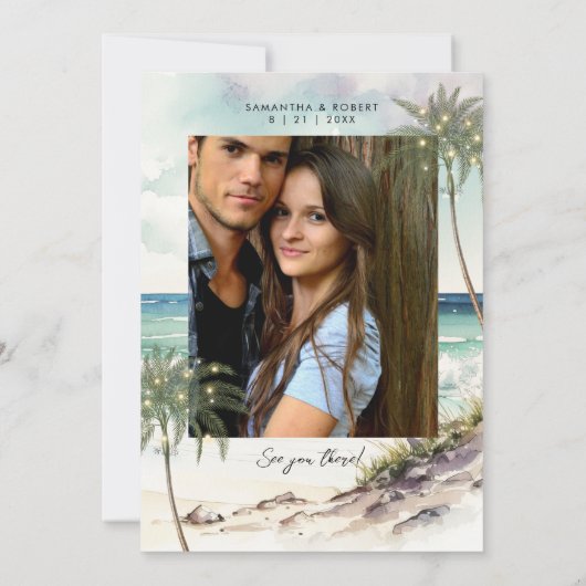 strandpalmboomfoto met datumkaart opgeslagen bedankkaart (Achterkant)