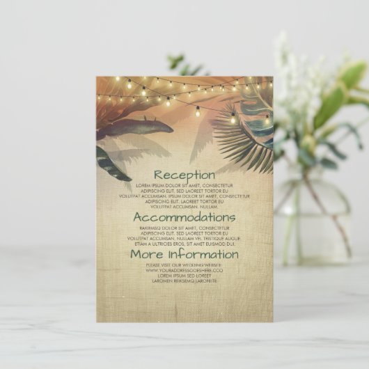 Strandpalmen en lichten trouwinformatie Gast Informatiekaartje (Staand voorkant)