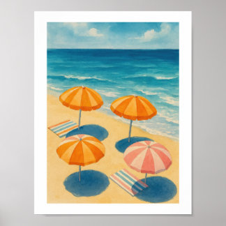 Strandparasols Retro Kust Zomer Poster