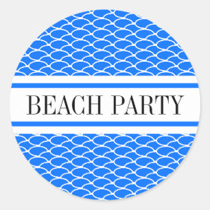 STRANDPARTIJ Helder Blauw Wit Waves Racing Stripes Ronde Sticker