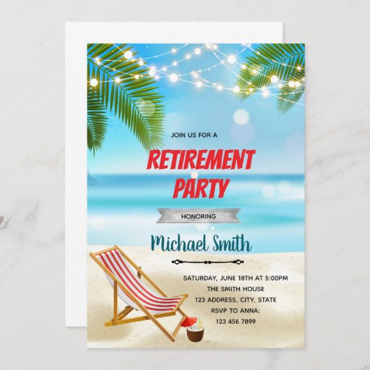 Strandpensioenfeest uitnodiging (Voorkant / Achterkant)