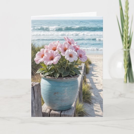 Strandpot met roze petunia's kaart (Voorkant)
