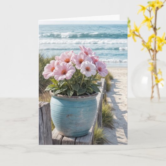 Strandpot met roze petunia's kaart (Gele Bloem)