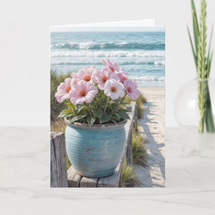 Strandpot met roze petunia's kaart