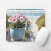 Strandpot met roze petunia's muismat (Met muis)
