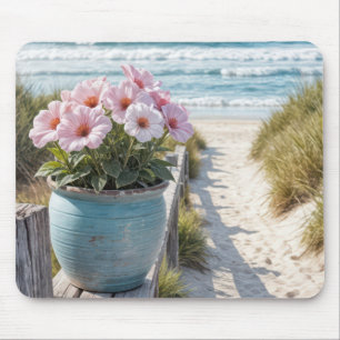 Strandpot met roze petunia's muismat