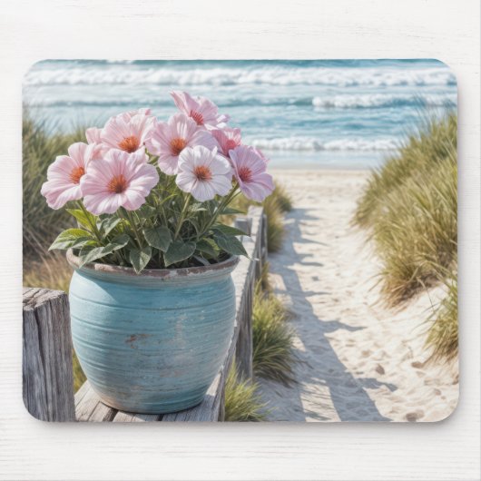 Strandpot met roze petunia's muismat (Voorkant)