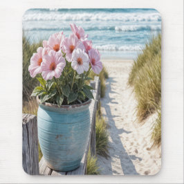 Strandpot met roze petunia's muismat