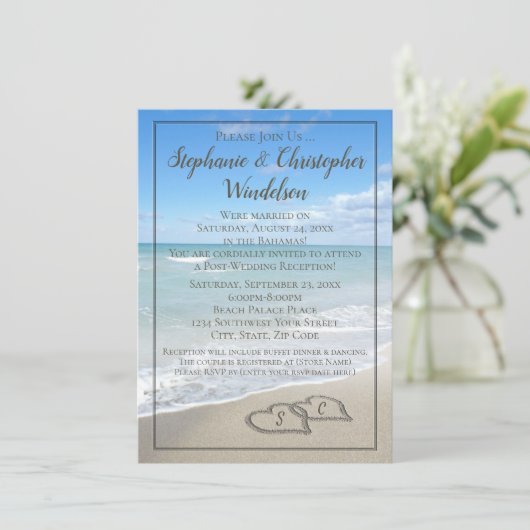 Strandreceptie na de bruiloft op een bestemming kaart (Staand voorkant)