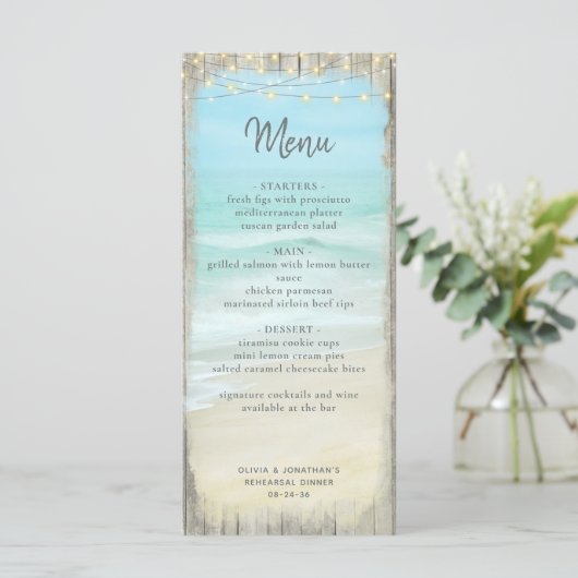 Strandrepetitie Diner Rustiek Trouwmenu Menu (Staand voorkant)