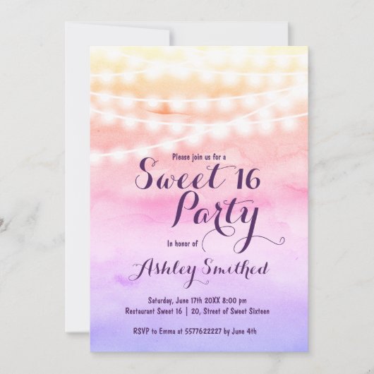 Strandroze waterverf lichtjes Sweet 16 Kaart (Voorkant)