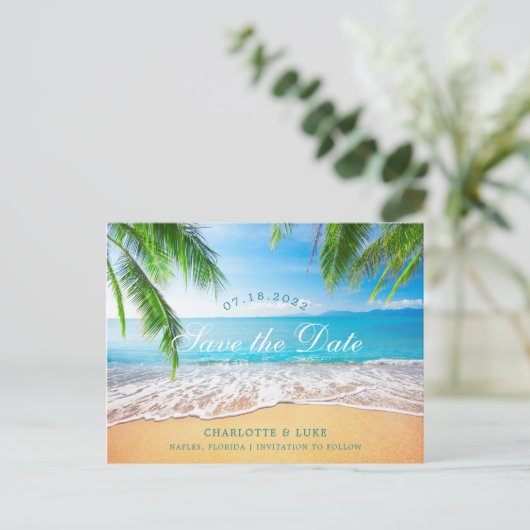 Strandscène De datum opslaan Aankondigingskaart (Staand voorkant)