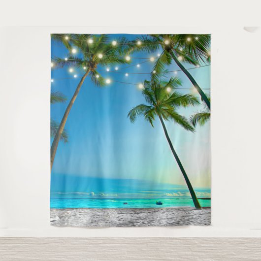 Strandscène Kokosnoot Palm Bomen String Lights Wandkleed (Voorkant)