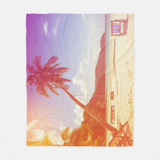 Strandscène, kokosnootboom, houten bed. fleece deken (Voorkant)