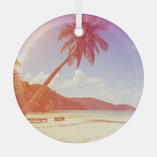 Strandscène, kokosnootboom, houten bed. glas ornament (Voorkant)