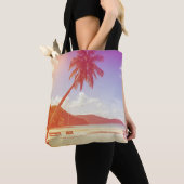Strandscène, kokosnootboom, houten bed. tote bag (Dichtbij)