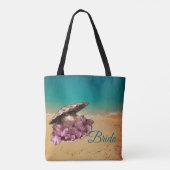 Strandschaal met bloemen op het strand (Jouw tekst Tote Bag (Achterkant)