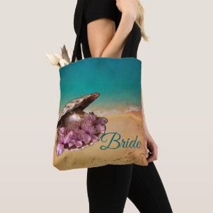 Strandschaal met bloemen op het strand (Jouw tekst Tote Bag