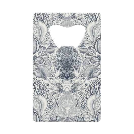 Strandschatten, schelpen, krab, koralen en zeewier creditkaart flessenopener (Voorkant)