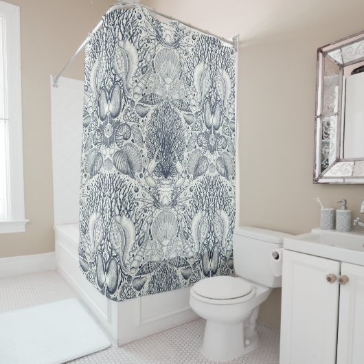 Strandschatten, schelpen, krab, koralen en zeewier douchegordijn (In situ)