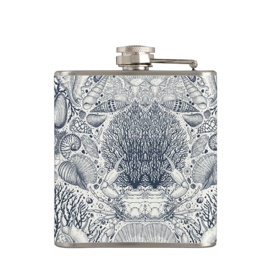 Strandschatten, schelpen, krab, koralen en zeewier heupfles (Achterkant)