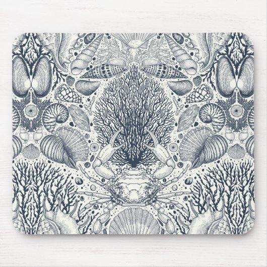 Strandschatten, schelpen, krab, koralen en zeewier muismat (Voorkant)