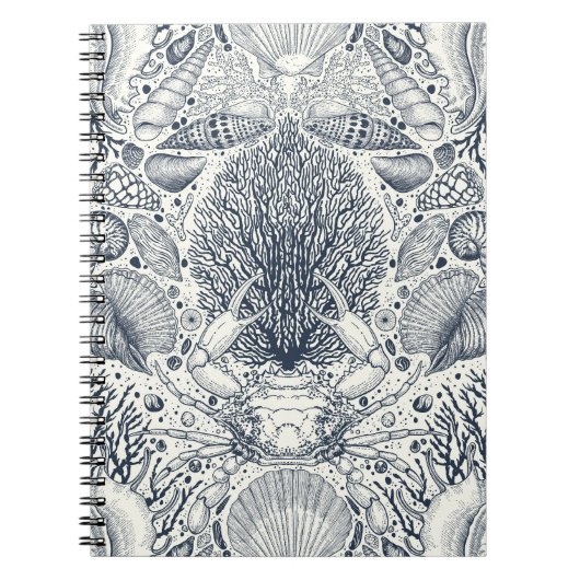 Strandschatten, schelpen, krab, koralen en zeewier notitieboek (Voorkant)