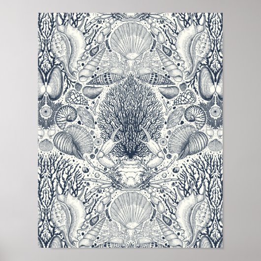 Strandschatten, schelpen, krab, koralen en zeewier poster (Voorkant)