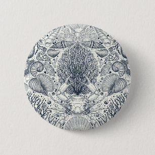 Strandschatten, schelpen, krab, koralen en zeewier ronde button 5,7 cm