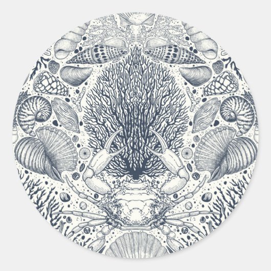 Strandschatten, schelpen, krab, koralen en zeewier ronde sticker (Voorkant)
