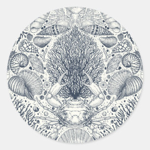 Strandschatten, schelpen, krab, koralen en zeewier ronde sticker