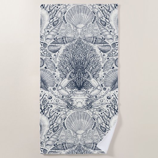 Strandschatten, schelpen, krab, koralen en zeewier strandlaken (Voorkant)