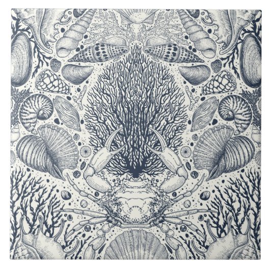 Strandschatten, schelpen, krab, koralen en zeewier tegeltje (Voorkant)