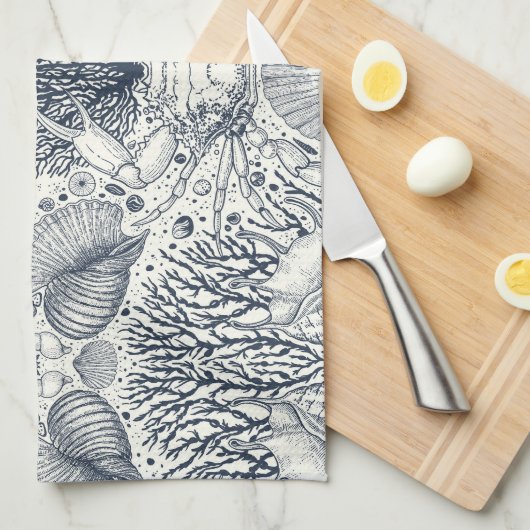 Strandschatten, schelpen, krab, koralen en zeewier theedoek (Quarter Fold)