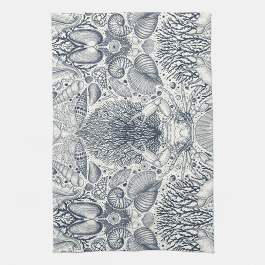 Strandschatten, schelpen, krab, koralen en zeewier theedoek (Verticaal)