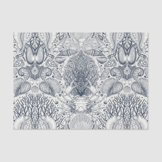 Strandschatten, schelpen, krab, koralen en zeewier tissuepapier (Voorkant)