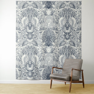 Strandschatten, schelpen, krab, koralen en zeewier wandkleed