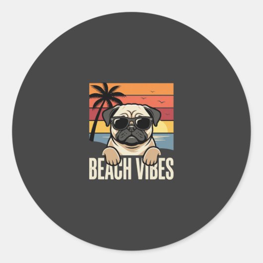 Strandstemming Pug Hond Zonsondergang Ronde Sticker (Voorkant)
