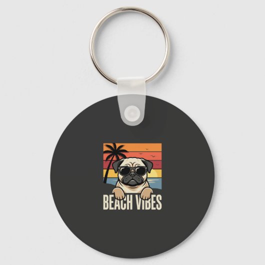 Strandstemming Pug Hond Zonsondergang Sleutelhanger (Voorkant)