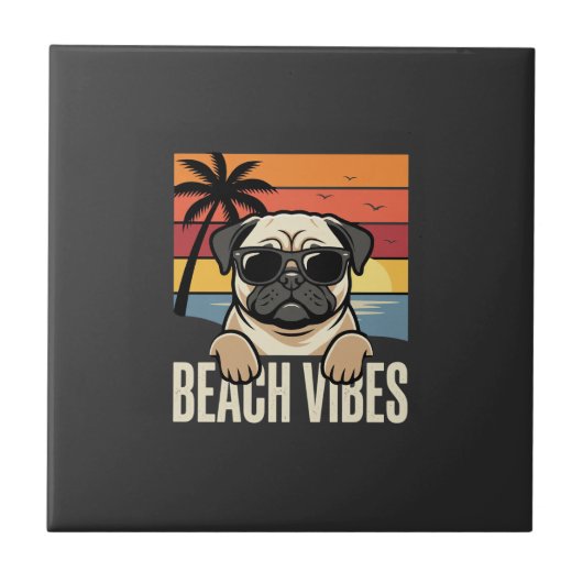 Strandstemming Pug Hond Zonsondergang Tegeltje (Voorkant)
