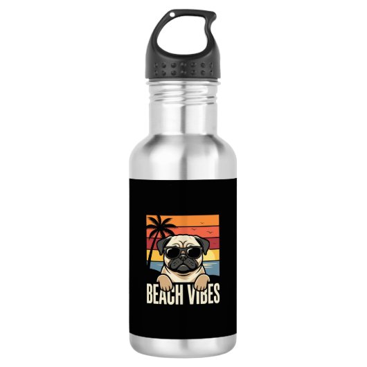 Strandstemming Pug Hond Zonsondergang Waterfles (Voorkant)