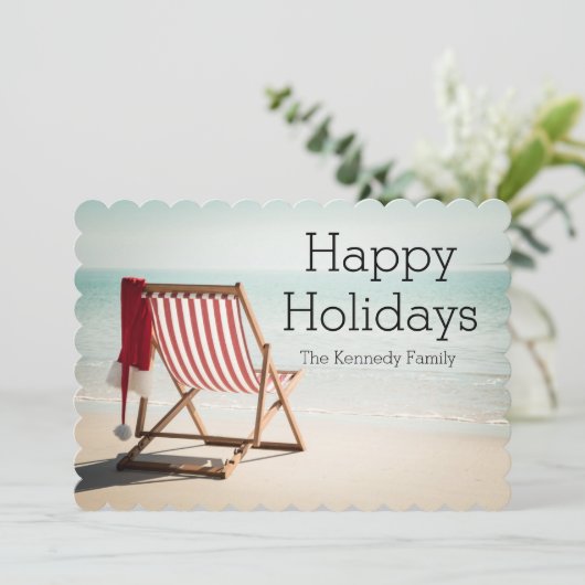 Strandstoel met kerstmuts feestdagenkaart (Staand voorkant)
