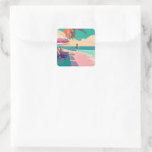 Strandstoel, paraplu, koraal en Blauwgroen strand Vierkante Sticker (Tas)
