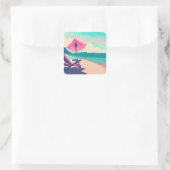 Strandstoel, paraplu, perzik en Blauwgroen strand Vierkante Sticker (Tas)