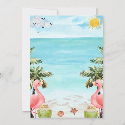 Strandstoel, Parasol, Palm, Roze Flamingo's Kaart (Achterkant)