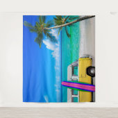 Strandtafereel met gele bestelwagen en roze surfpl wandkleed (Voorkant)