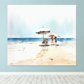 Strandtafereel met mensen en paraplu's aan het wat canvas afdruk (Insitu (Houten vloer))