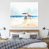 Strandtafereel met mensen en paraplu's aan het wat canvas afdruk (Insitu (Slaapkamer))
