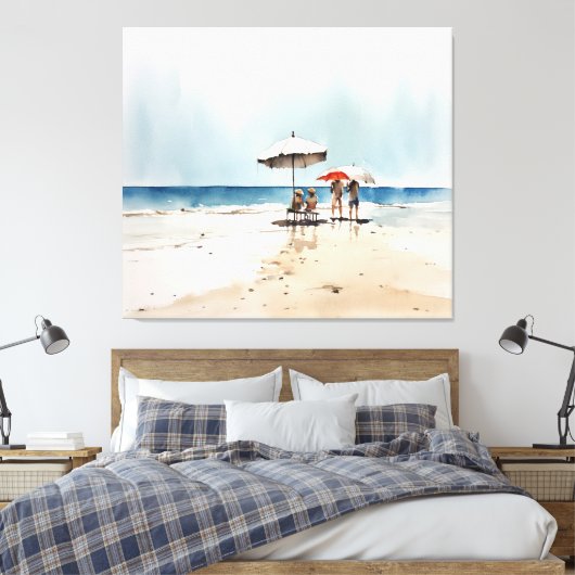Strandtafereel met mensen en paraplu's aan het wat canvas afdruk (Insitu (Slaapkamer))