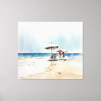 Strandtafereel met mensen en paraplu's aan het wat canvas afdruk